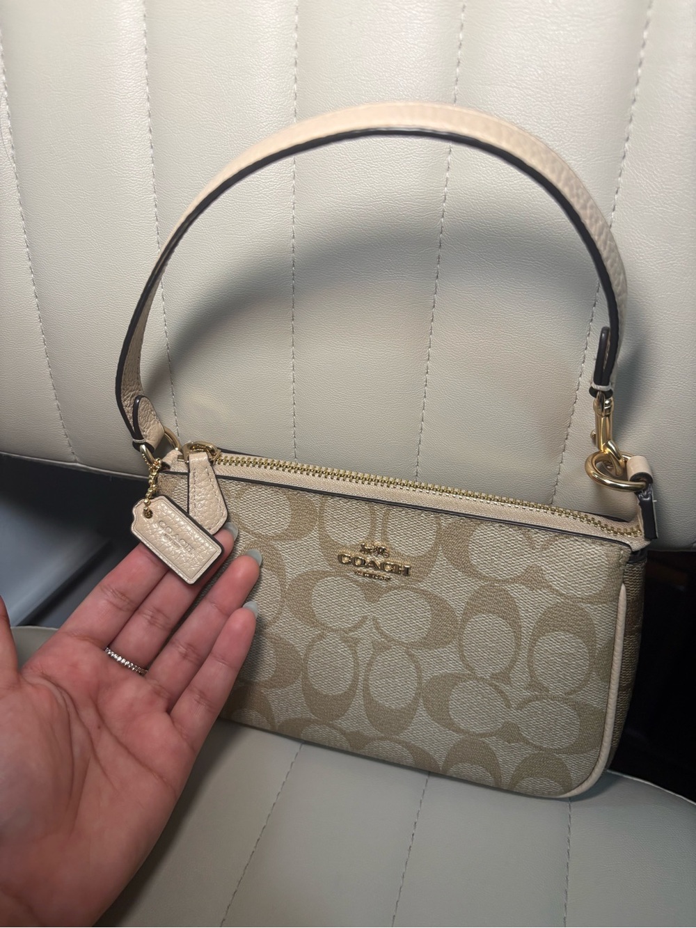 Coach Beige Signature Mini Shoulder Bag with Gold Hardware